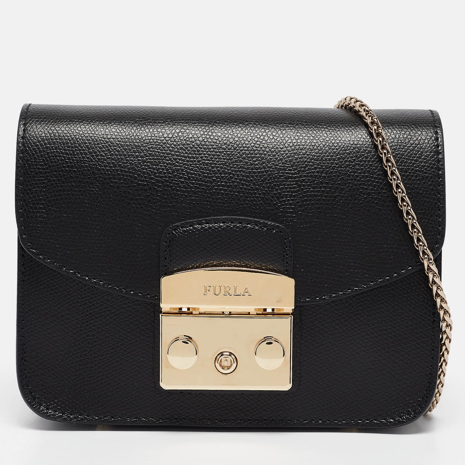 Furla Schwarze Mini-Umhängetasche „Metropolis“ aus Leder mit Kette