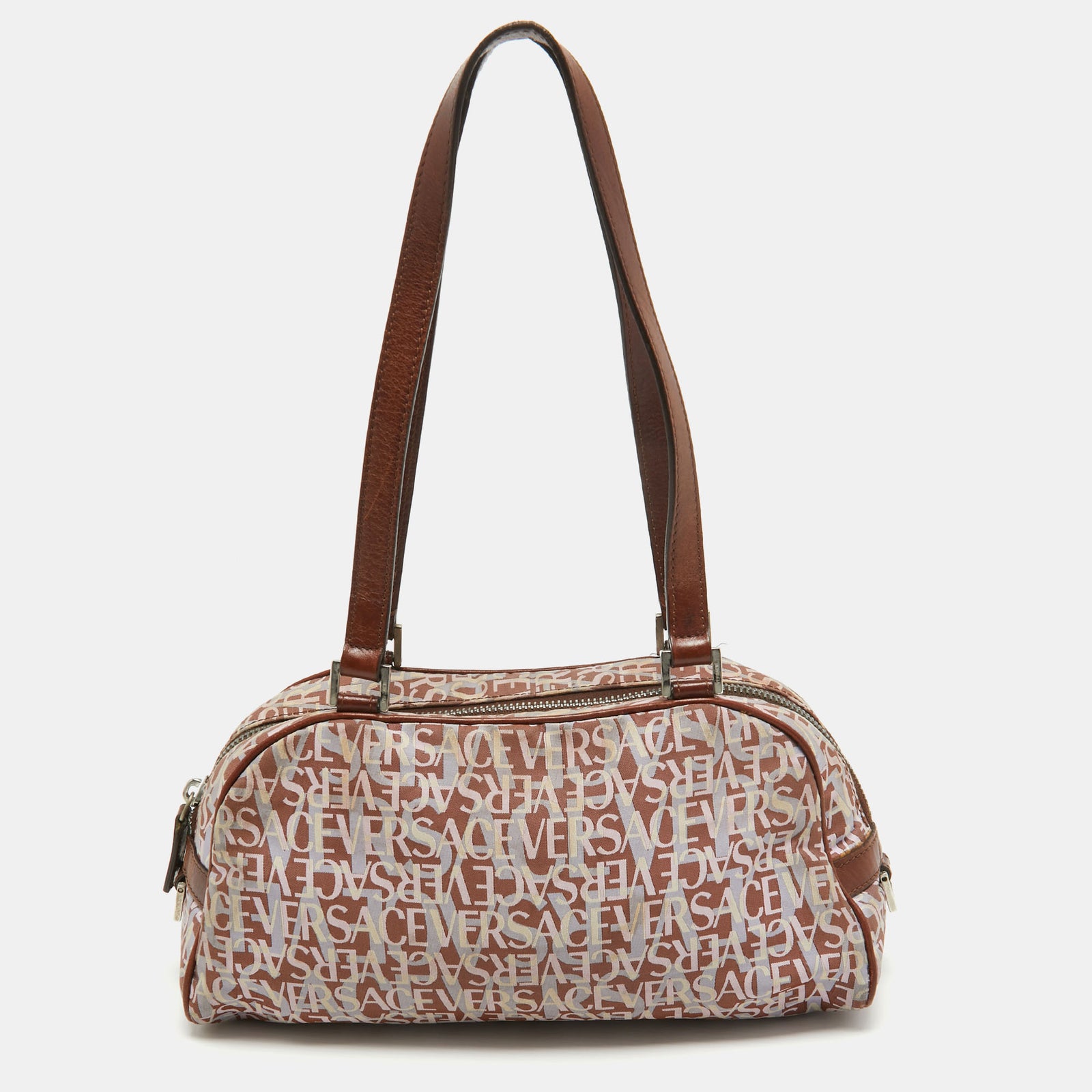 Versace Brown/Multicolor Printed Fabric and Leather Satchel