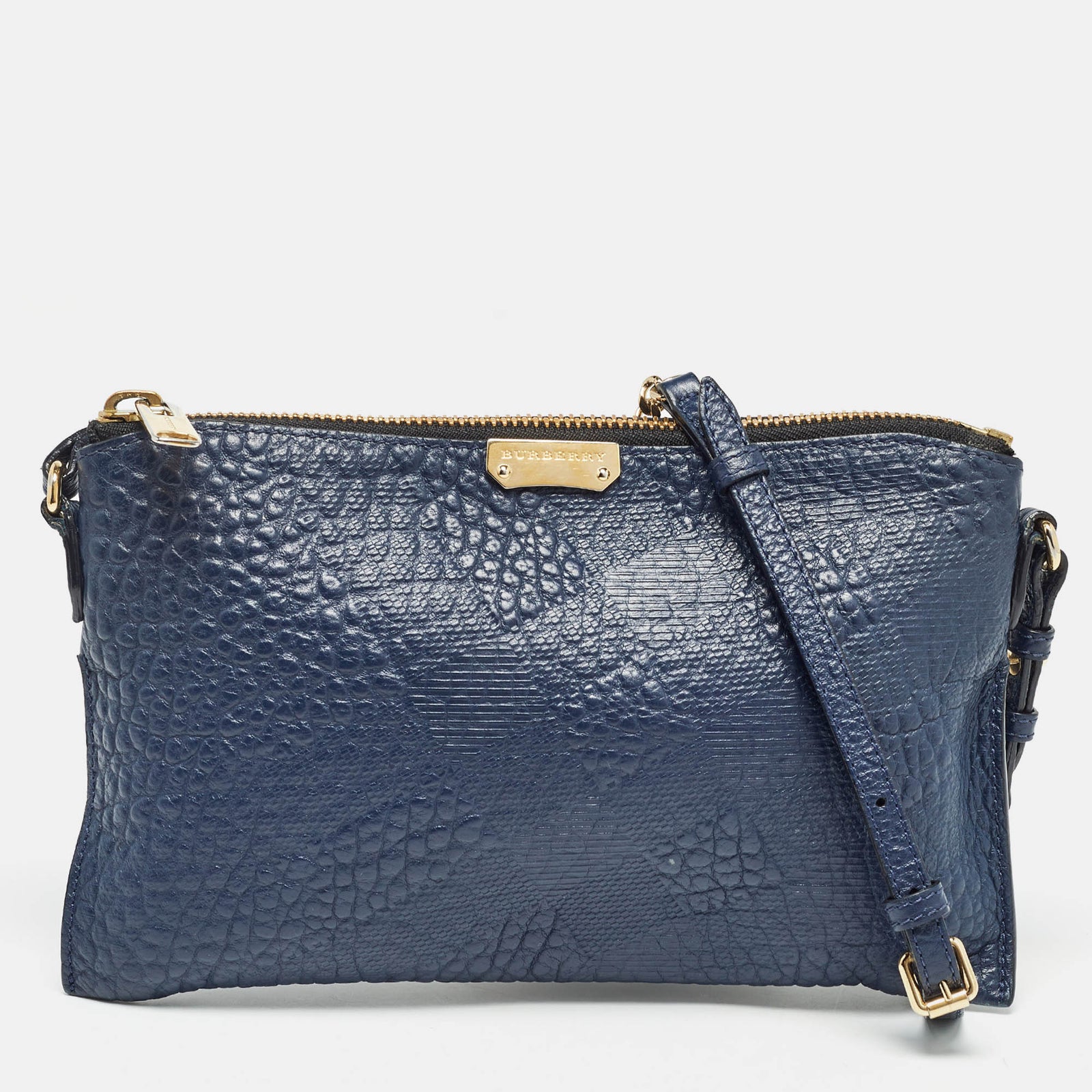 Burberry Navy Blue Grain Check Embossed Leather Peyton Crossbody Bag