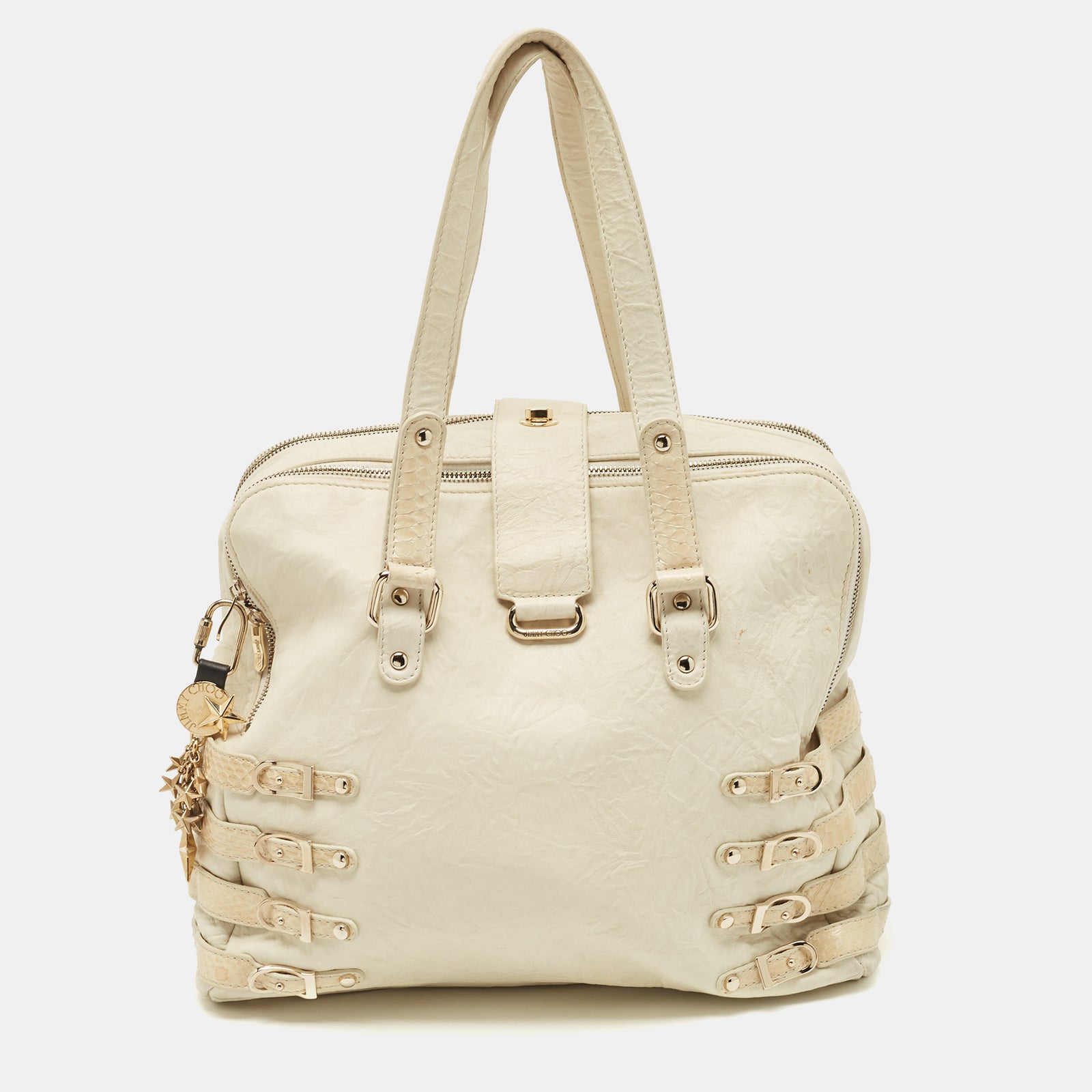 Jimmy Choo Off White/Light Beige Distressed Leather and Snakeskin Trims Bree Satchel