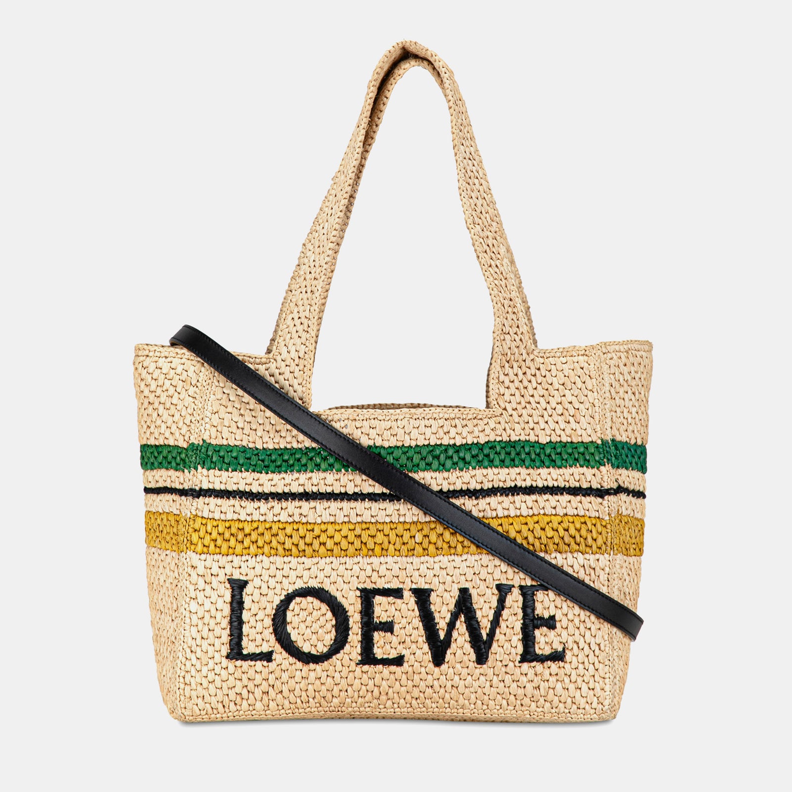 Loewe Beige/Brown Raffia Paula's Ibiza Medium Striped Font Tote Bag