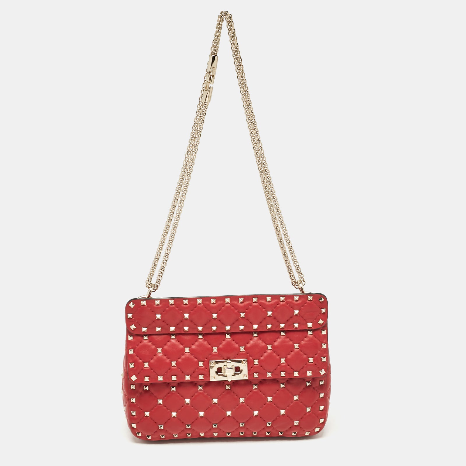 Valentino Red Leather Medium Rockstud Spike Top Handle Bag