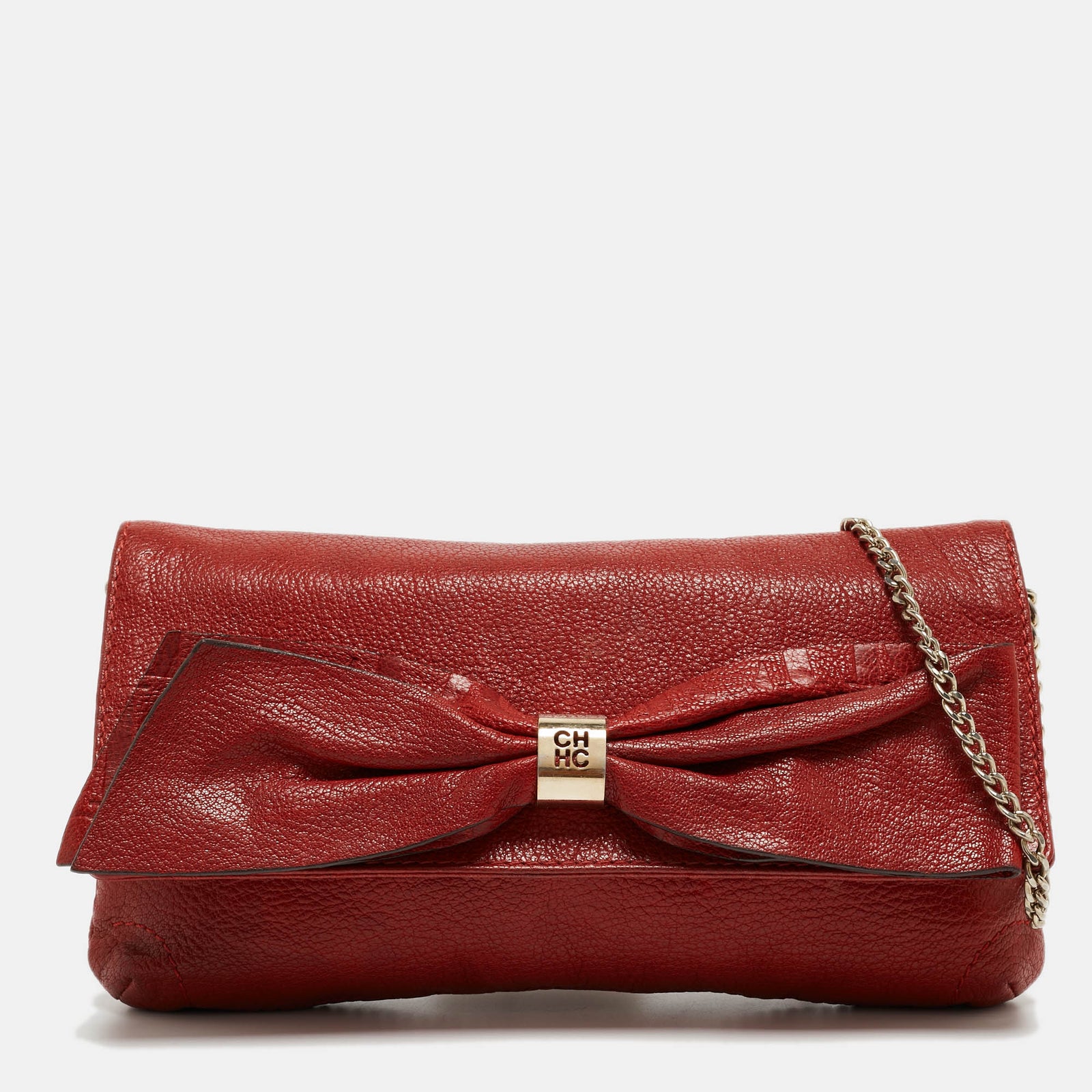 Ch Carolina Herrera Red Monogram Leather Bow Chain Clutch