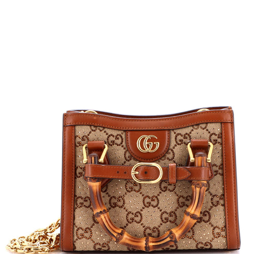 GUCCI Diana NM Bamboo Handle Tote Crystal Embellished GG Canvas Mini