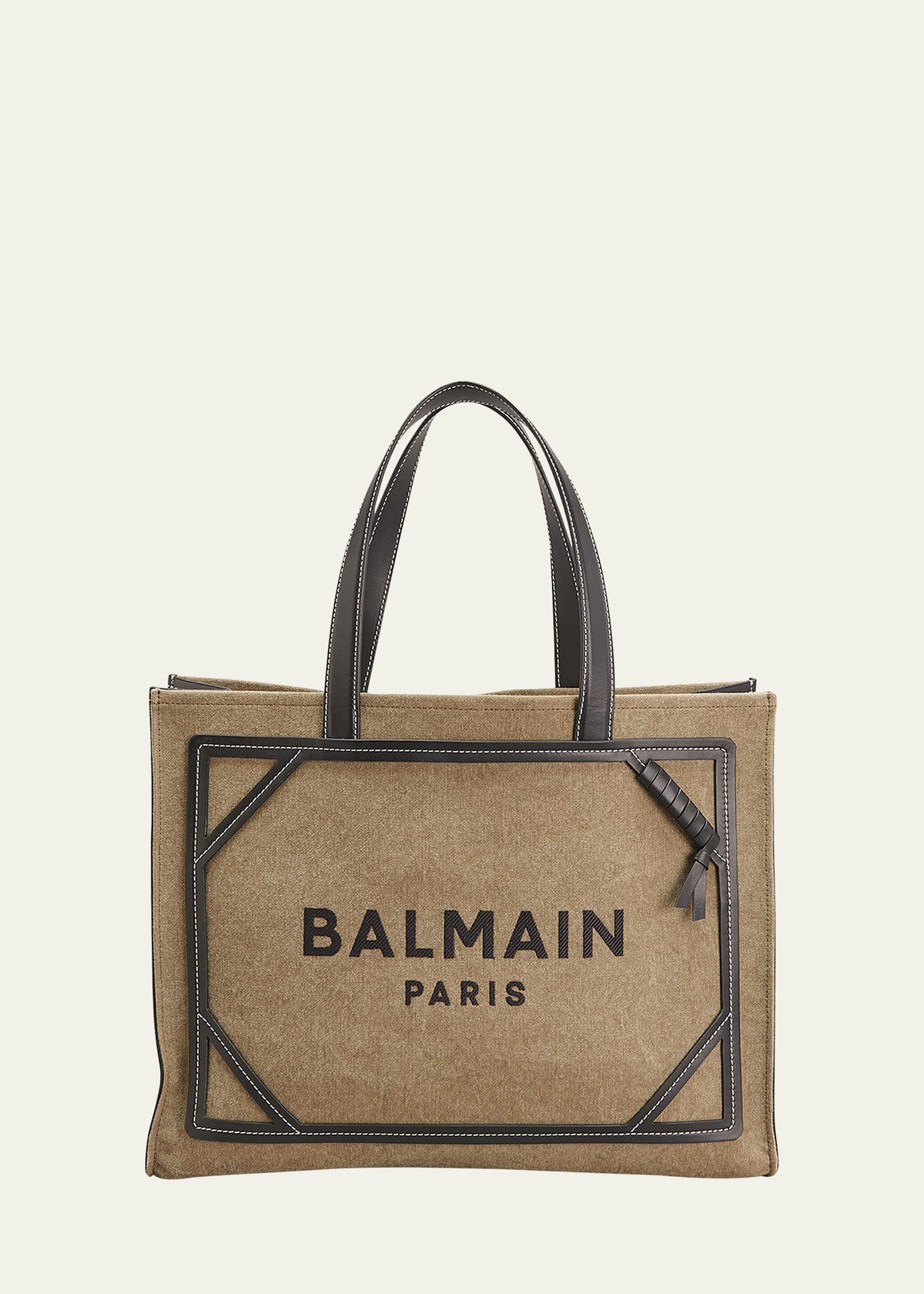 Balmain B Army Medium Shopper Tote Bag in Canvas with Leather Handles