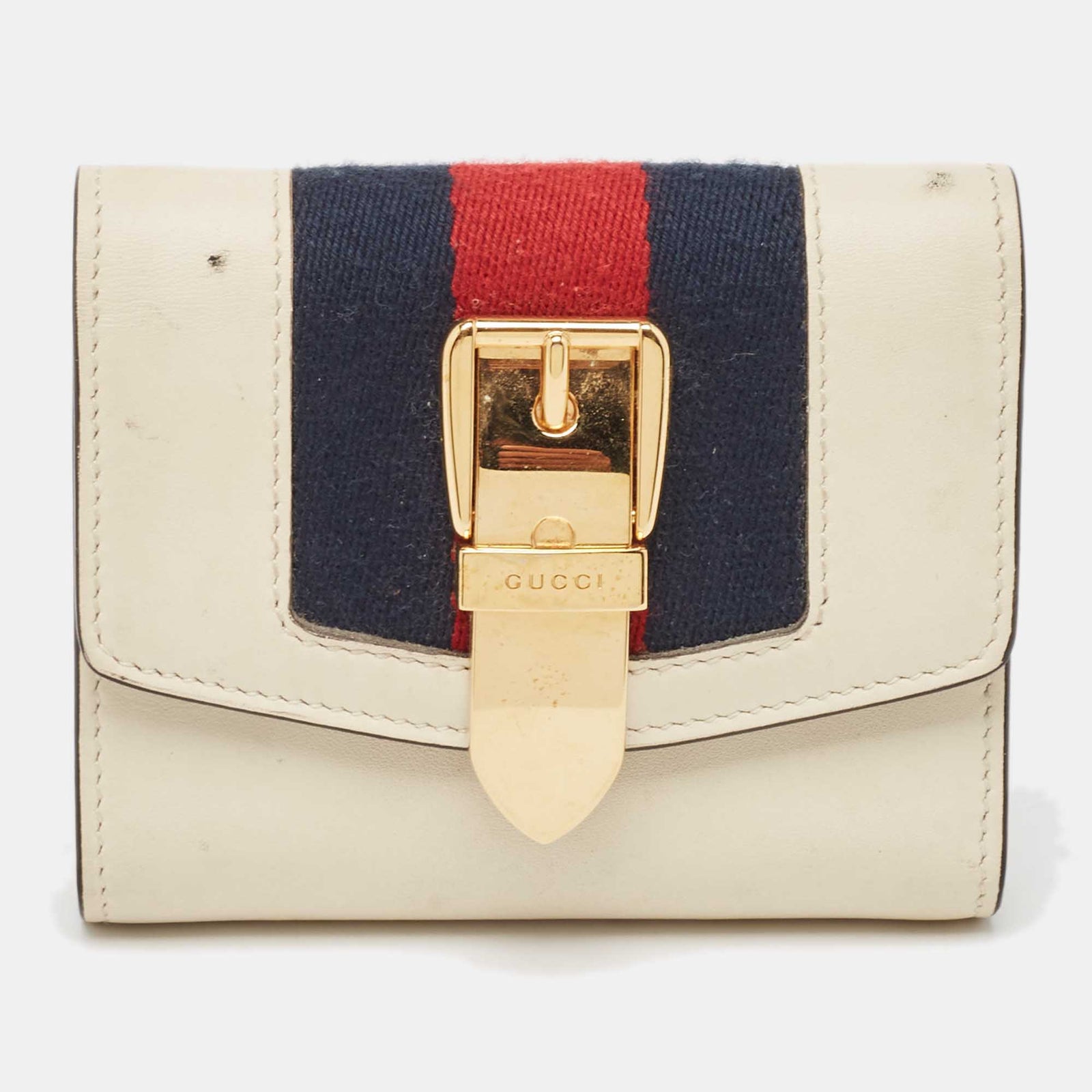 Gucci White Leather Sylvie Trifold Wallet