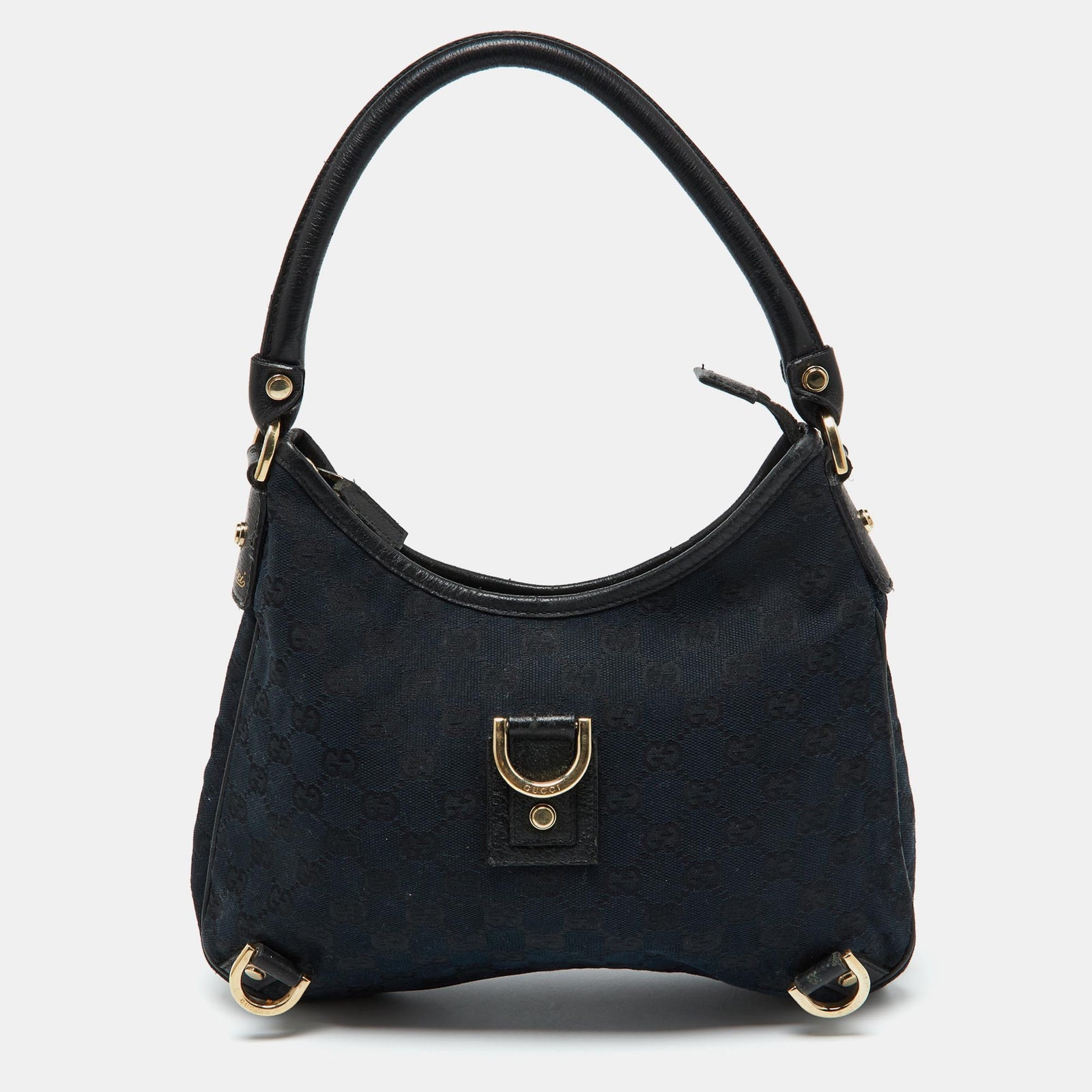 Gucci Sac à main noir en toile GG et cuir avec anneau en D Abbey