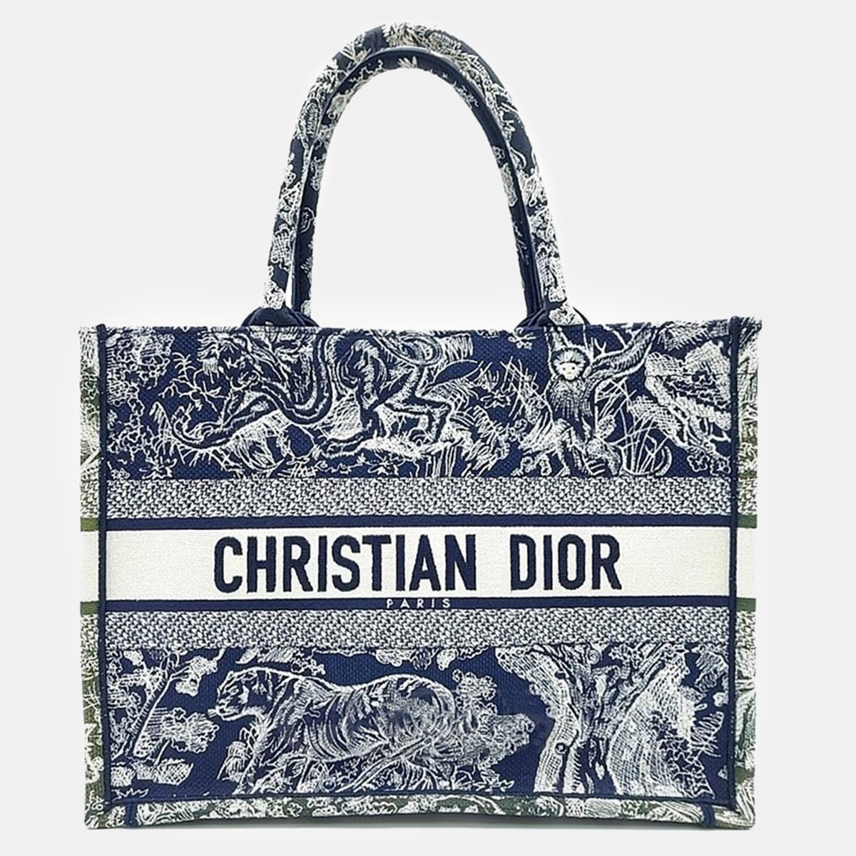 Dior Christian Ecru/Navy Embroidered Canvas Medium Book Tote Bag