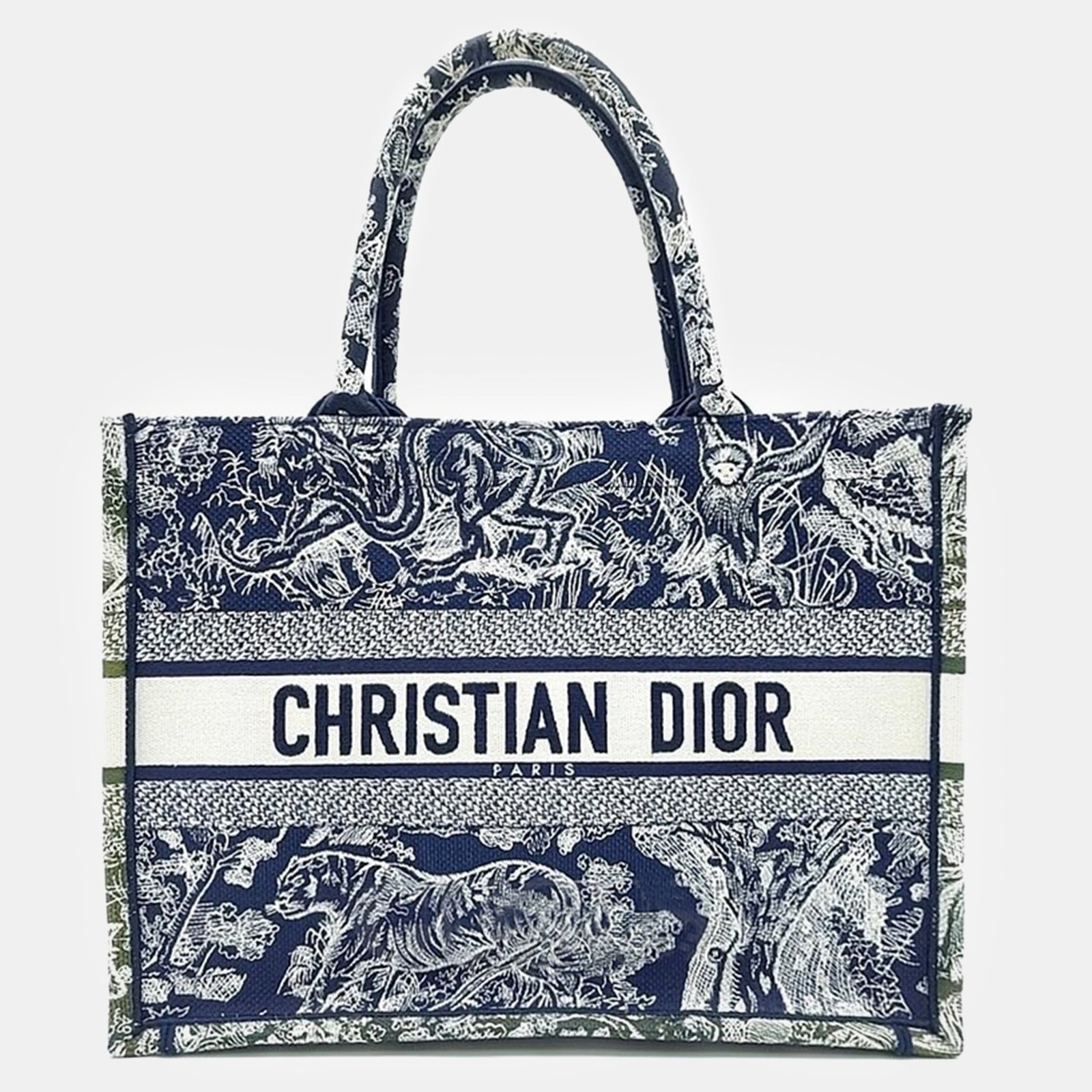 Dior Sac fourre-tout moyen en toile brodée écru/bleu marine Christian