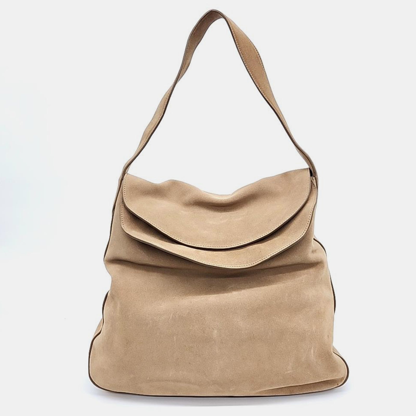 Prada Beige Suede Double Flap Top Shoulder Bag