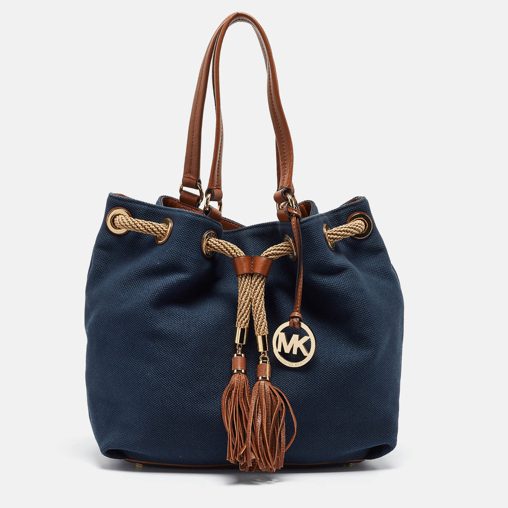 Sac fourre-tout Marina en toile bleu marine/marron avec cordon de serrage