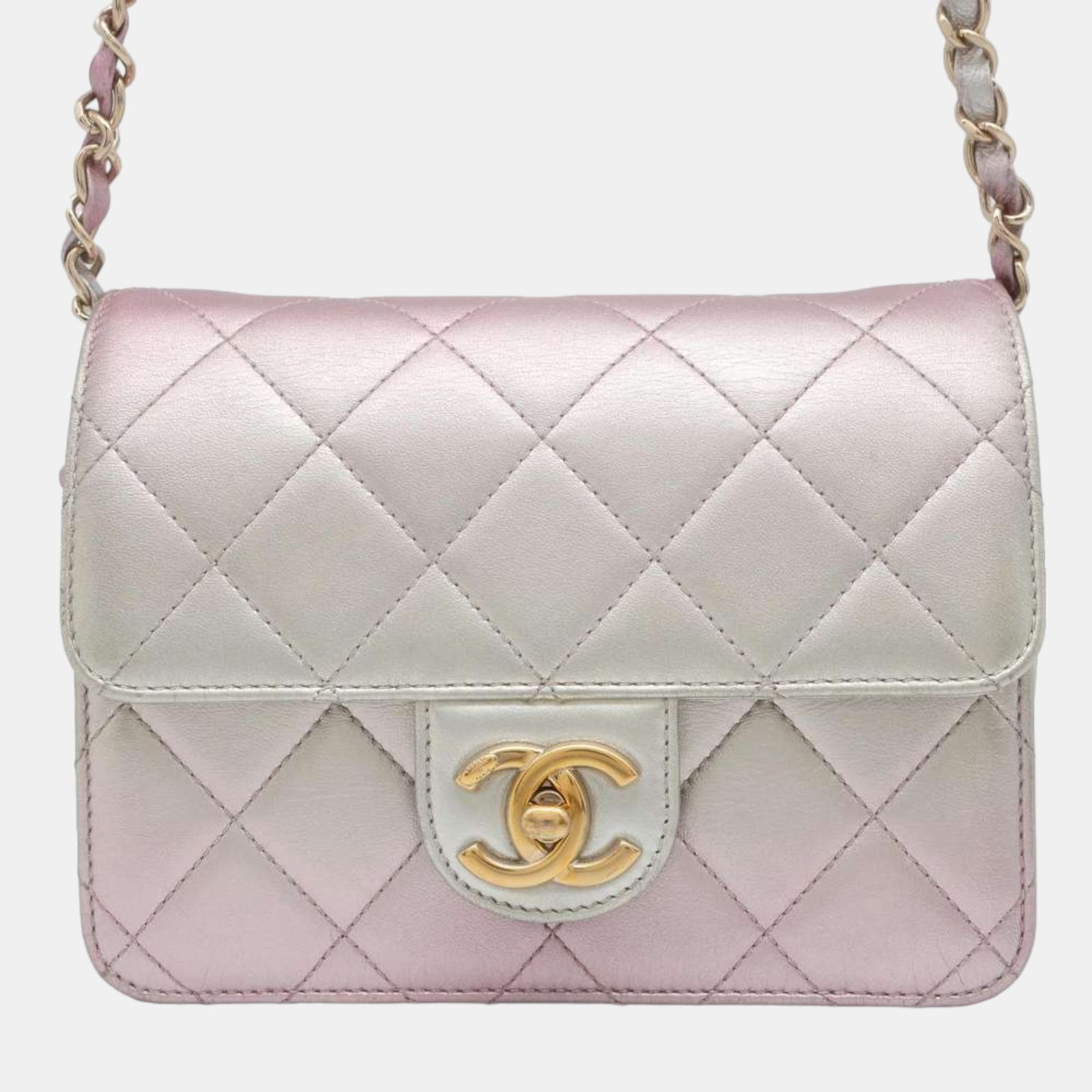 Chanel Mini sac à rabat en cuir rose métallisé comme un portefeuille