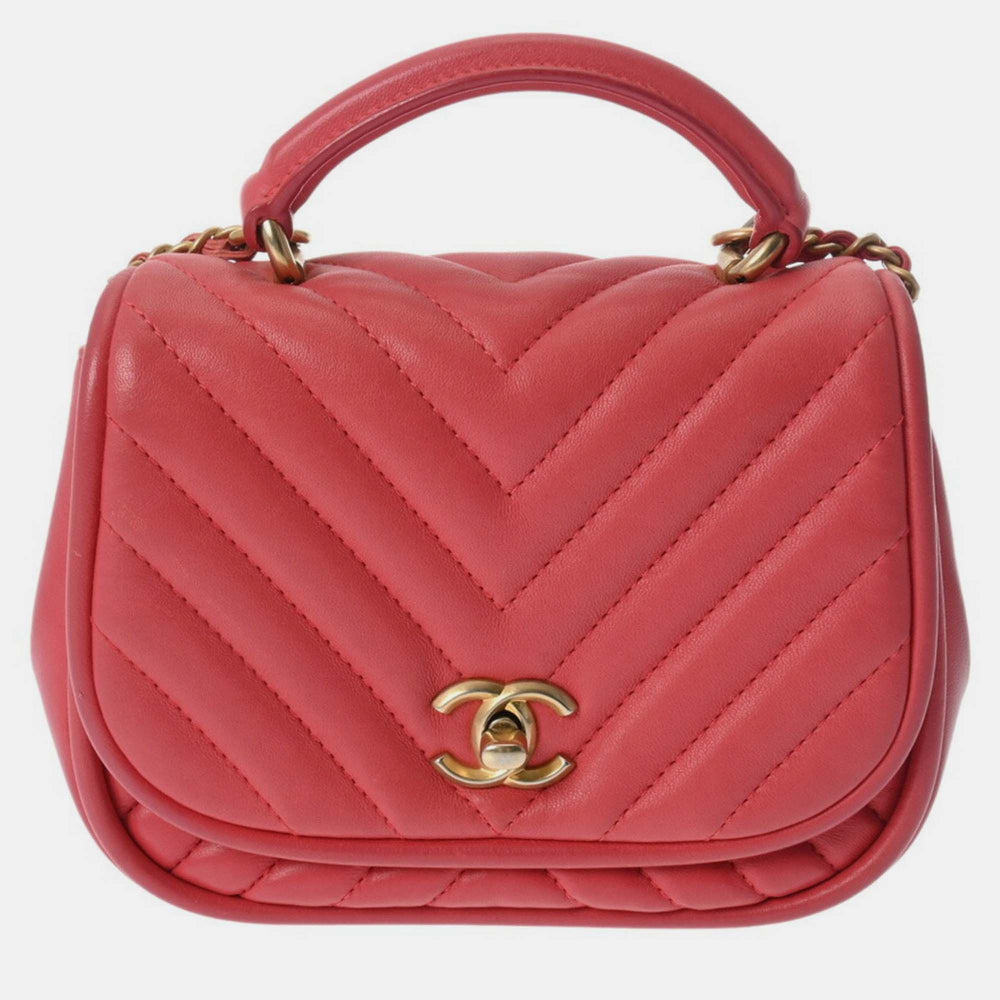 sac bandoulière en cuir rose à chevrons et chaîne cousue en V 17 cm