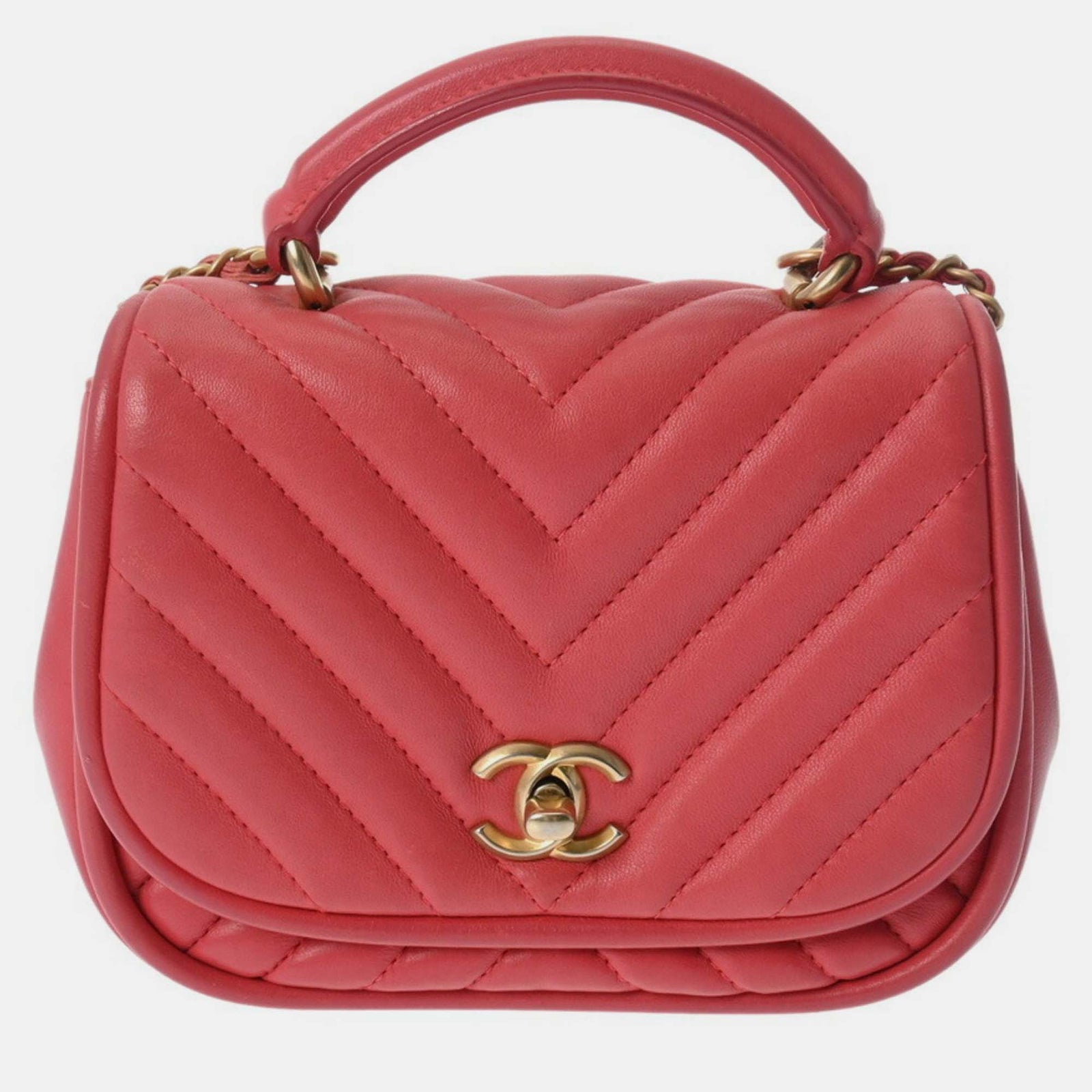 Chanel rosa Leder-Umhängetasche mit Chevron-V-Nähten und Kette, 17 cm