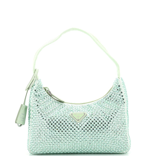 PRADA Re-Edition 2000 Hobo Crystal Embellished Satin Mini