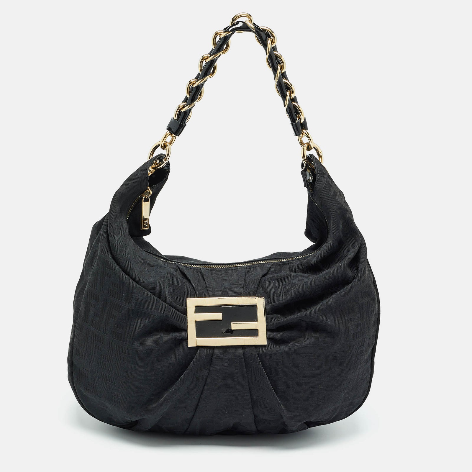 Fendi Black Zucca Fabric and Patent Leather Mia Hobo