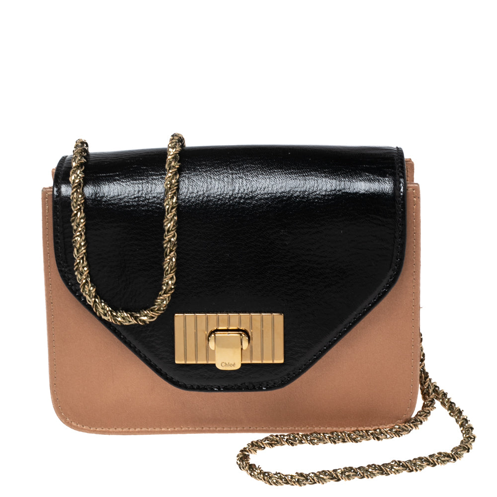 Chloe Black/Beige Leather and Satin Mini Sally Shoulder Bag