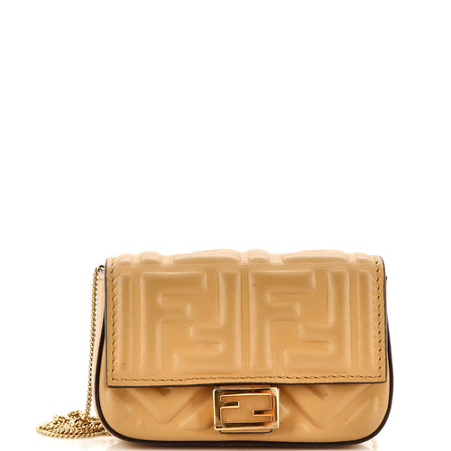 FENDI Chain Baguette Charm Bag Zucca Embossed Leather Nano