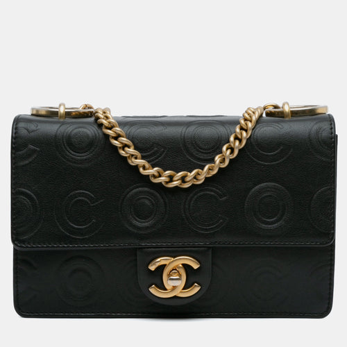 Black Metallic Calfskin Leather Embossed Circle C Flap Bag