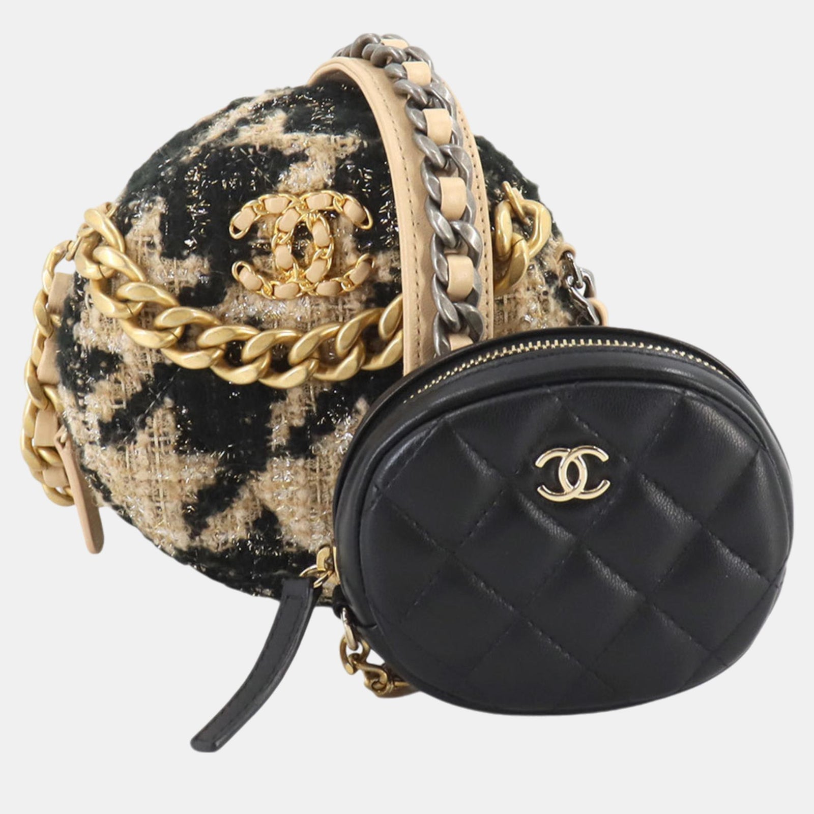 Chanel Beige Black Houndstooth Tweed Leather 19 Round Chain Shoulder Bag