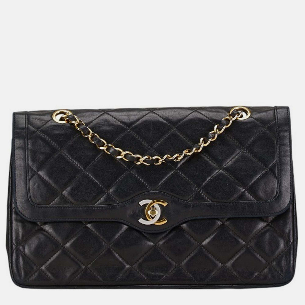 Chanel Black Lambskin Matelasse 25 Coco Mark Double Flap Chain Bag
