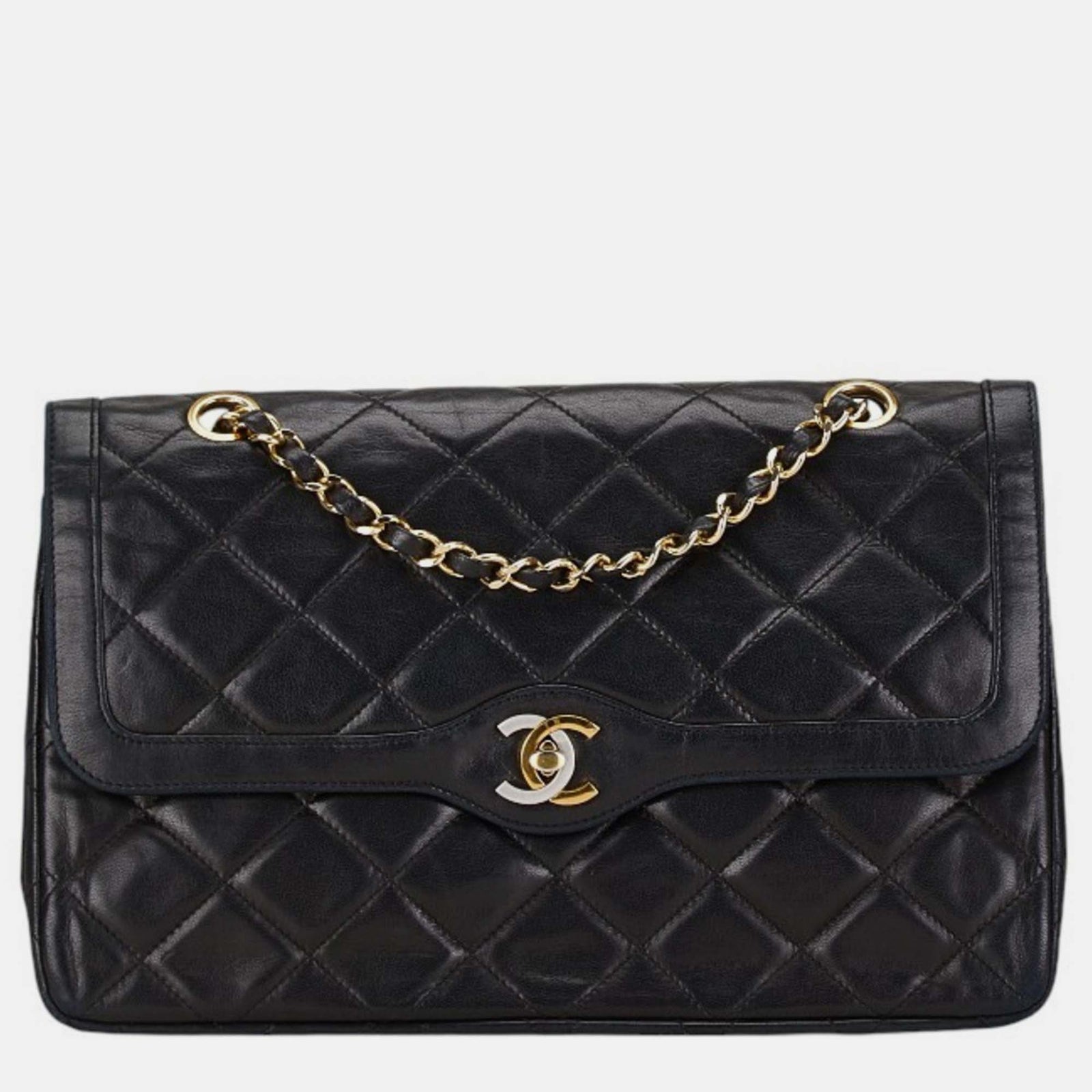 Chanel Schwarze 25-Coco-Mark-Tasche aus Matelassé-Lammleder mit doppelter Klappe und Kette