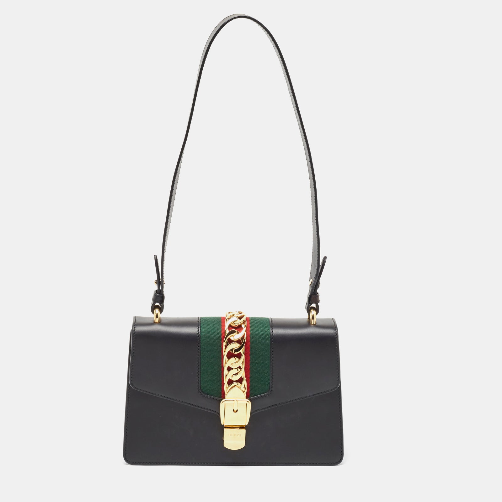 Gucci Kleine Sylvie-Umhängetasche aus schwarzem Leder mit Webmuster