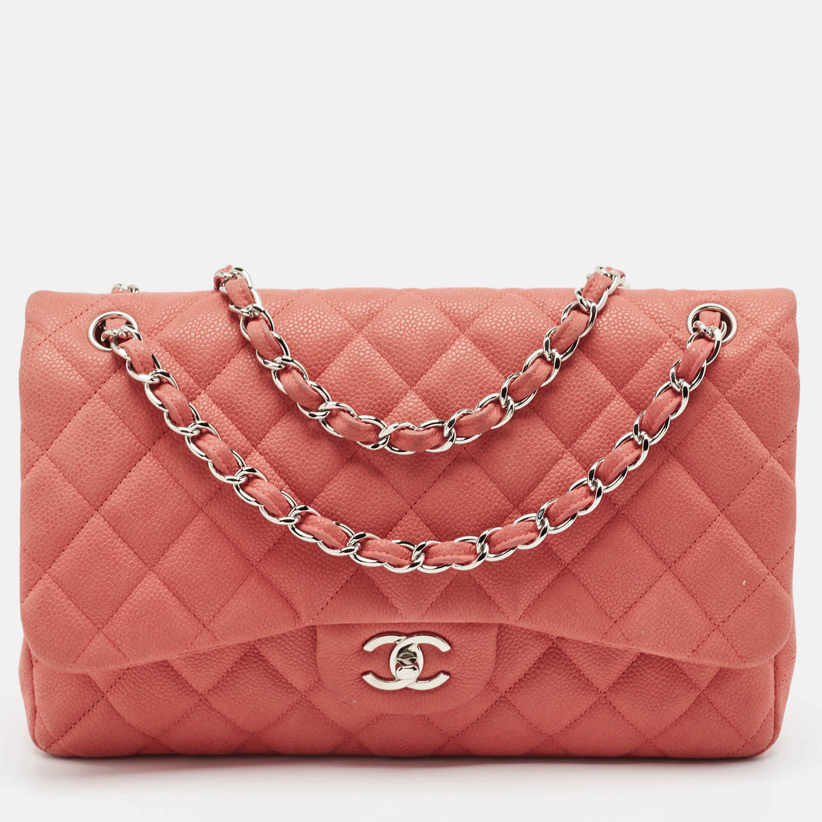 Chanel Coral Pink Caviar Leather Jumbo Classic Double Flap Bag