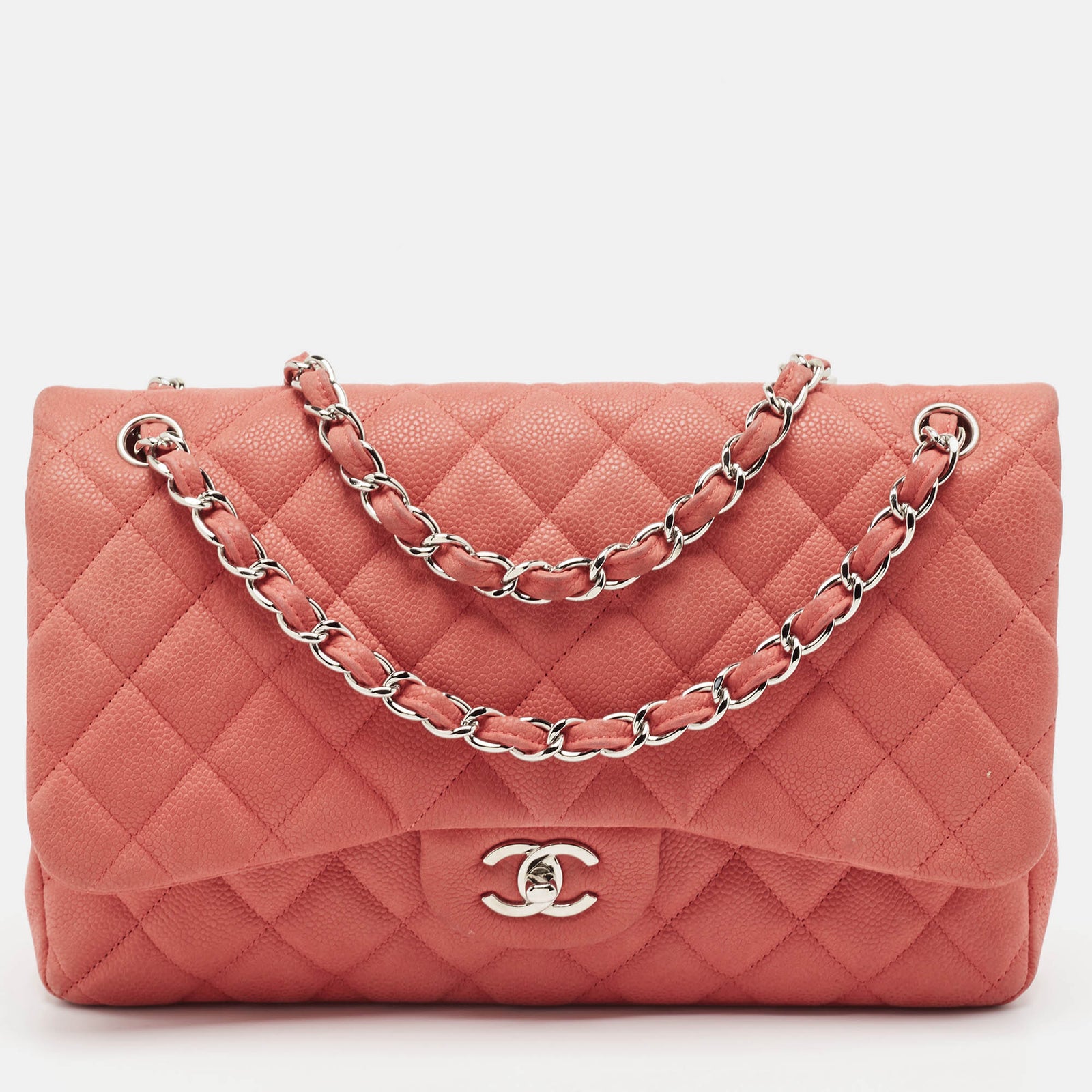 Chanel Klassische Jumbo-Tasche mit Doppelklappe aus Kaviarleder in Korallenrosa