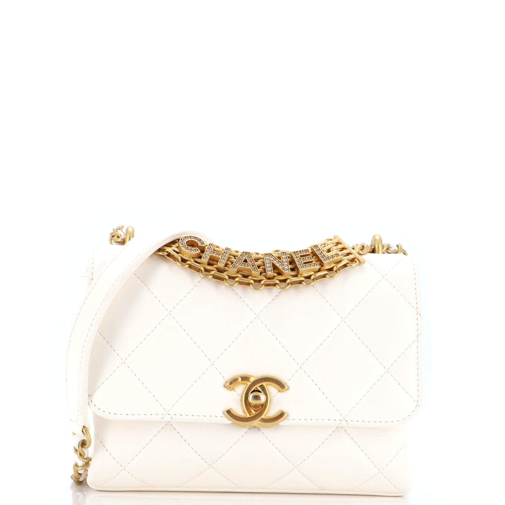 CHANEL Kristall Logo Buchstaben Kette Griff Flap Bag gestepptes Lammleder Mini