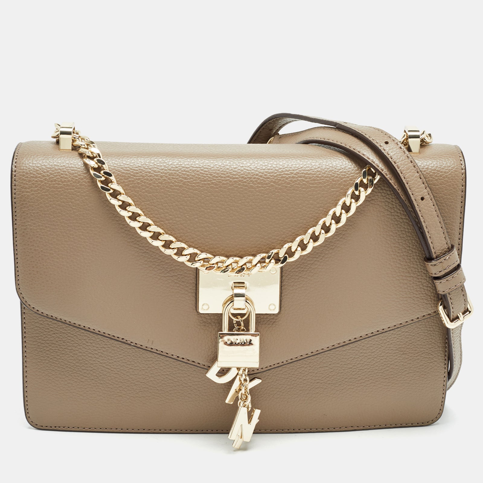 DKNY DKNY Dark Beige Leather Elissa Flap Shoulder Bag