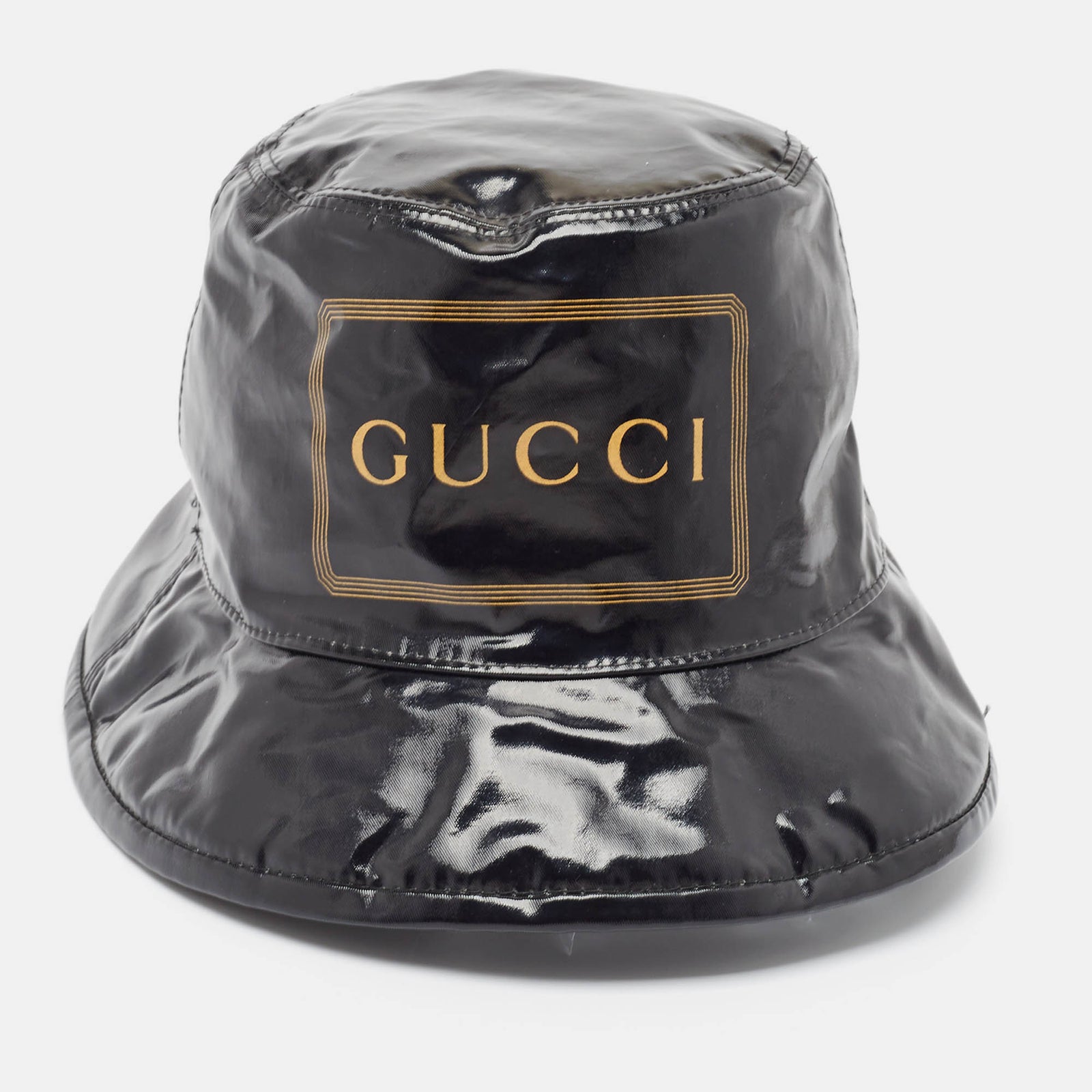 Gucci Schwarzer Bucket Hat aus beschichteter Baumwolle mit Logo-Print M