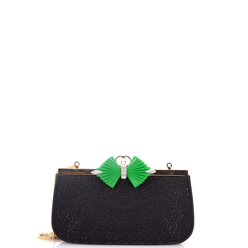 GUCCI Bow Frame Chain Clutch Crystal GG Embellished Moire
