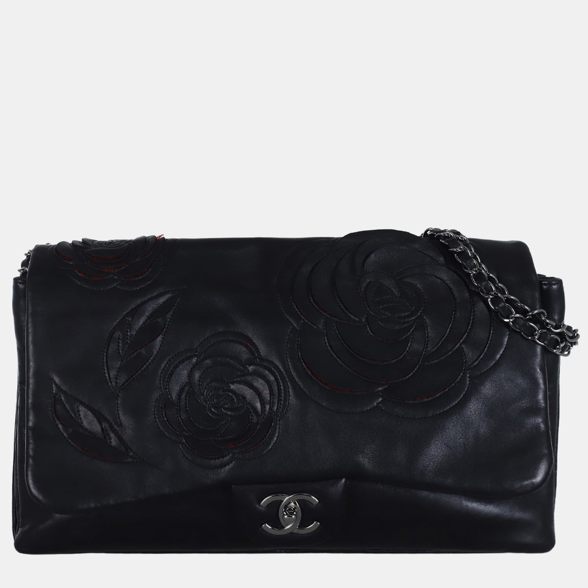 Chanel Black Leather Petal Tweed Camellia Accordion Flap Shoulder Bag