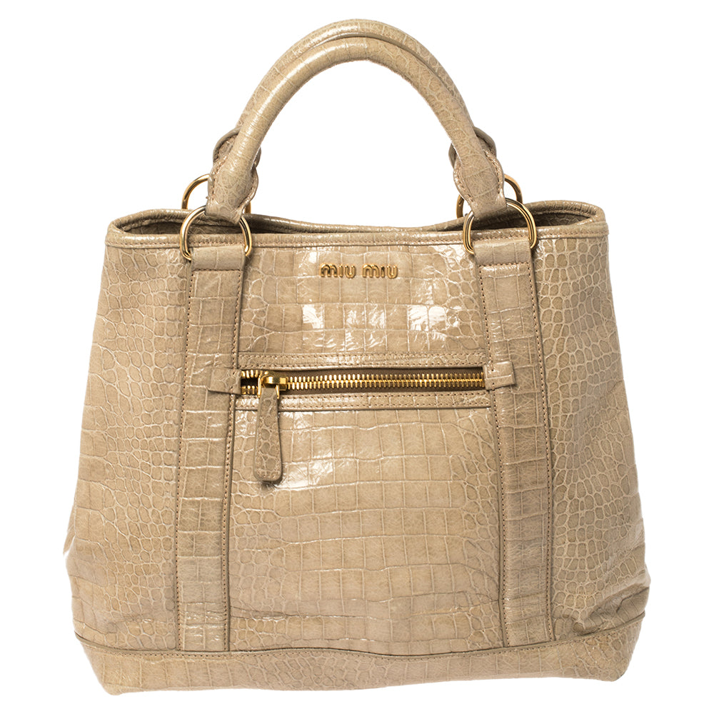 Miu Miu Pale Green Croc Embossed Patent Leather Front Zip Tote