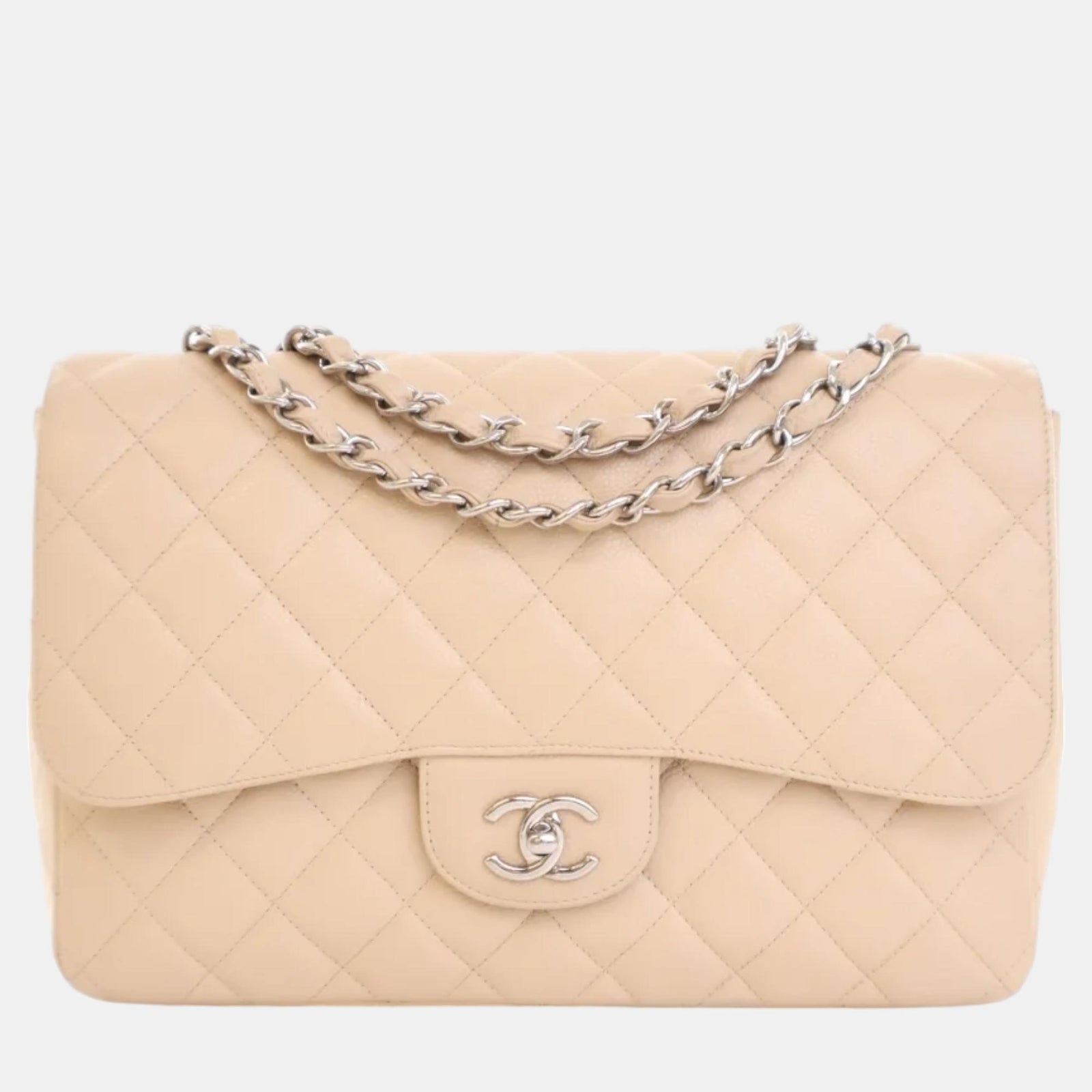 Chanel Sac à bandoulière à rabat simple en cuir beige Jumbo Classic