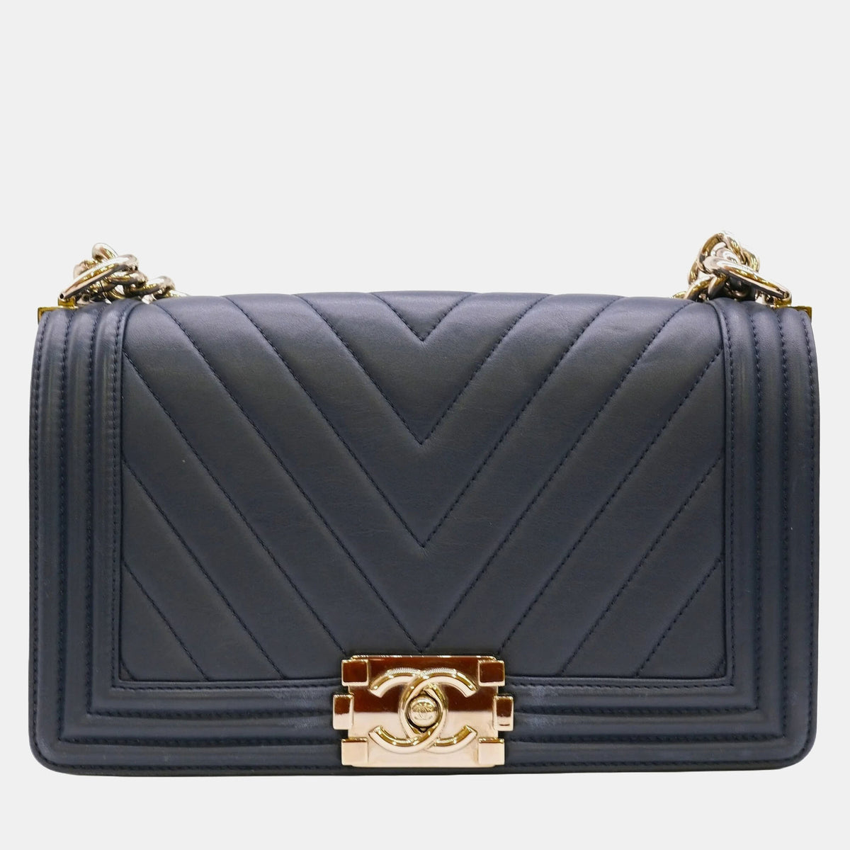 Chanel Navy Blue Lambskin Leather Medium Chevron Boy Shoulder Bag
