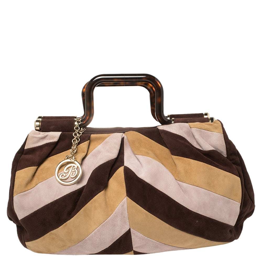 Bally Multicolor Suede  Tortoise Handle Tote