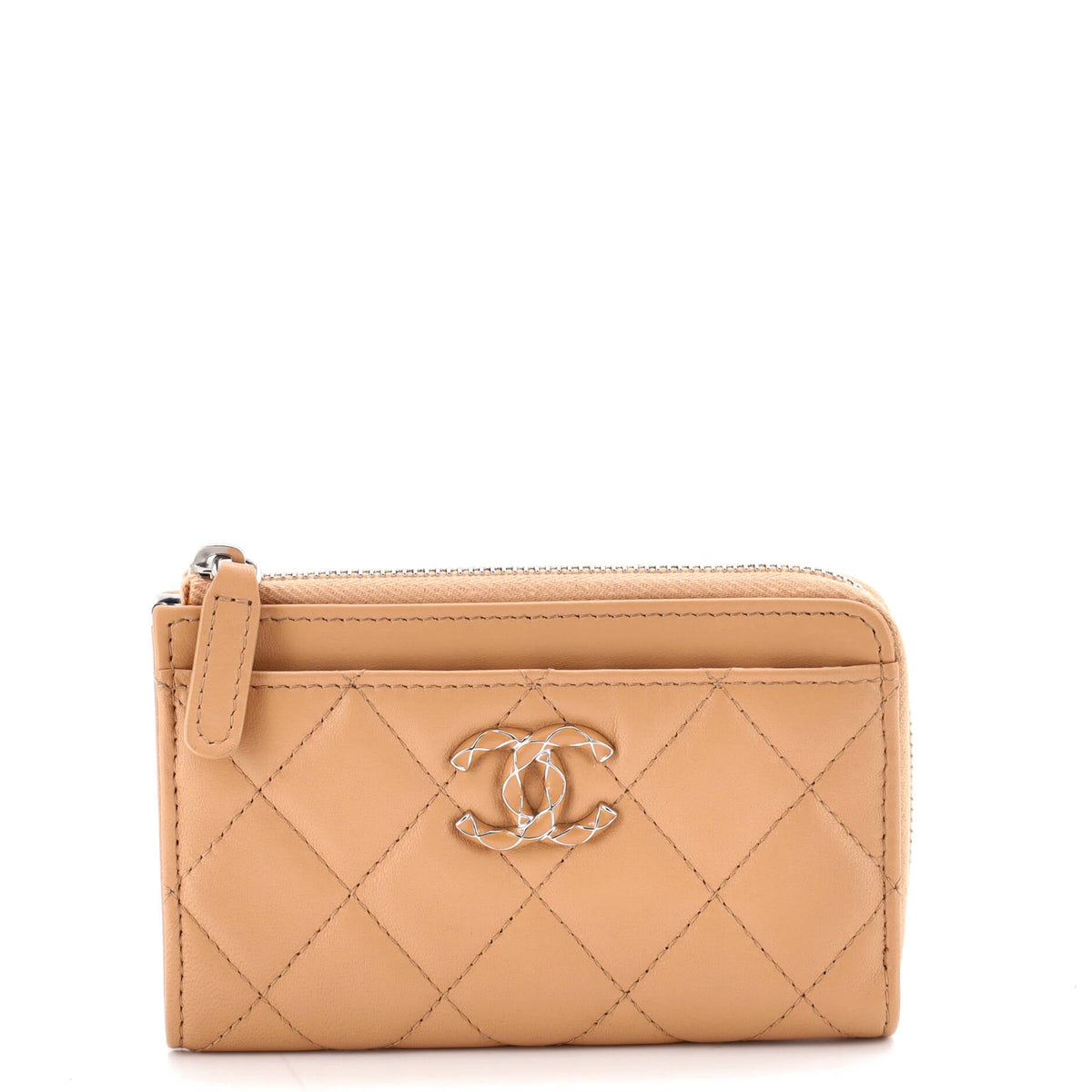 Chanel CHANEL Textured CC Zip Around Card Holder Quilted Lambskin