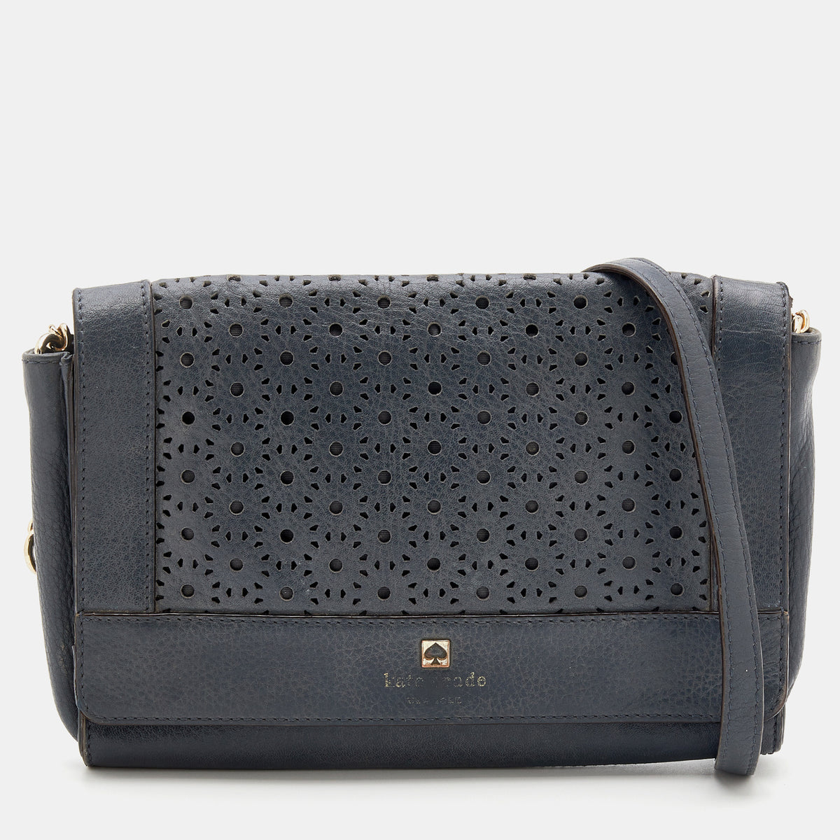 Kate Spade Dark Grey Leather Perforated Flap Shoulder Bag