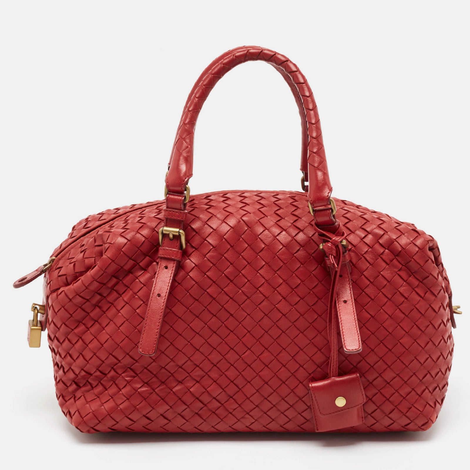 Bottega Veneta Red Intrecciato Leather Montaigne Satchel