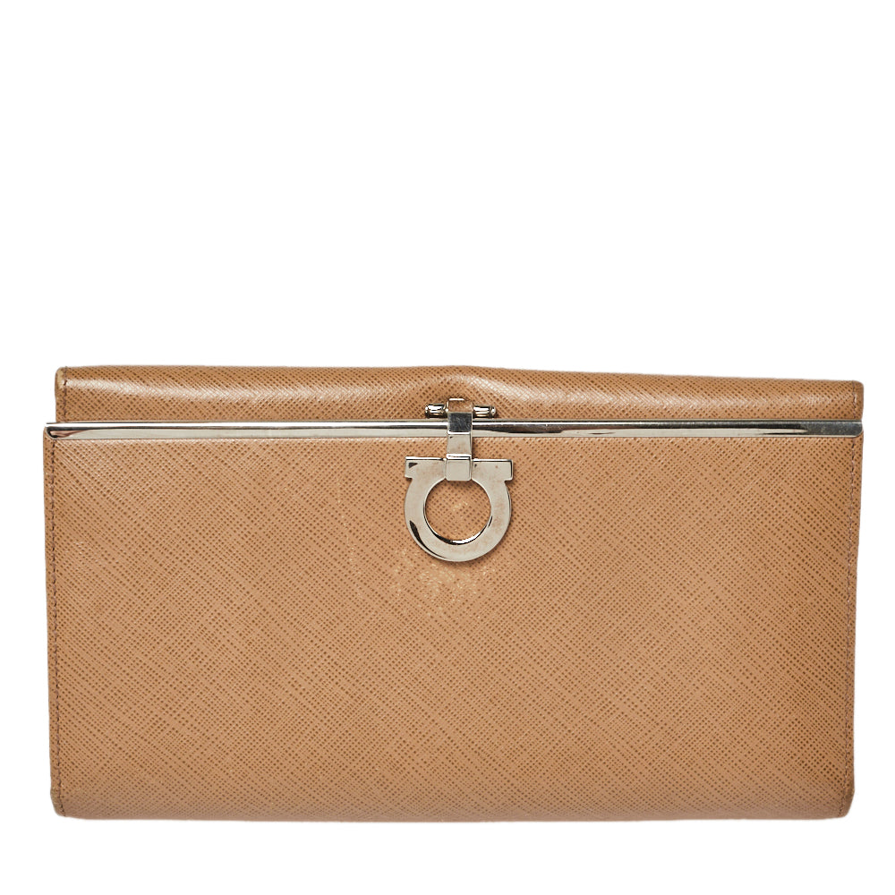 Salvatore Ferragamo Beige Leather Gancini Icona Continental Wallet