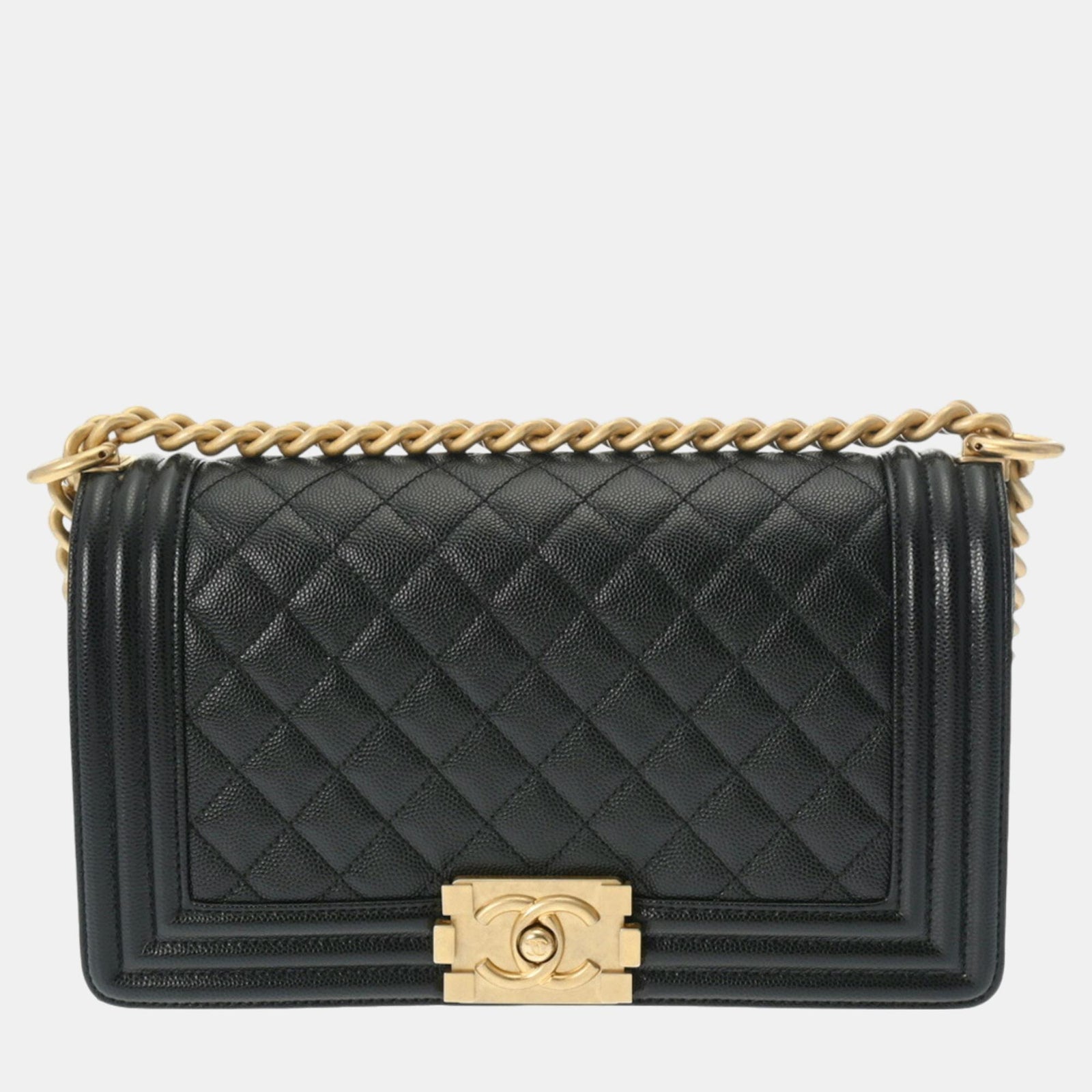 Chanel Schwarze Caviar Skin Boy Schultertasche mit Kette, 25 cm