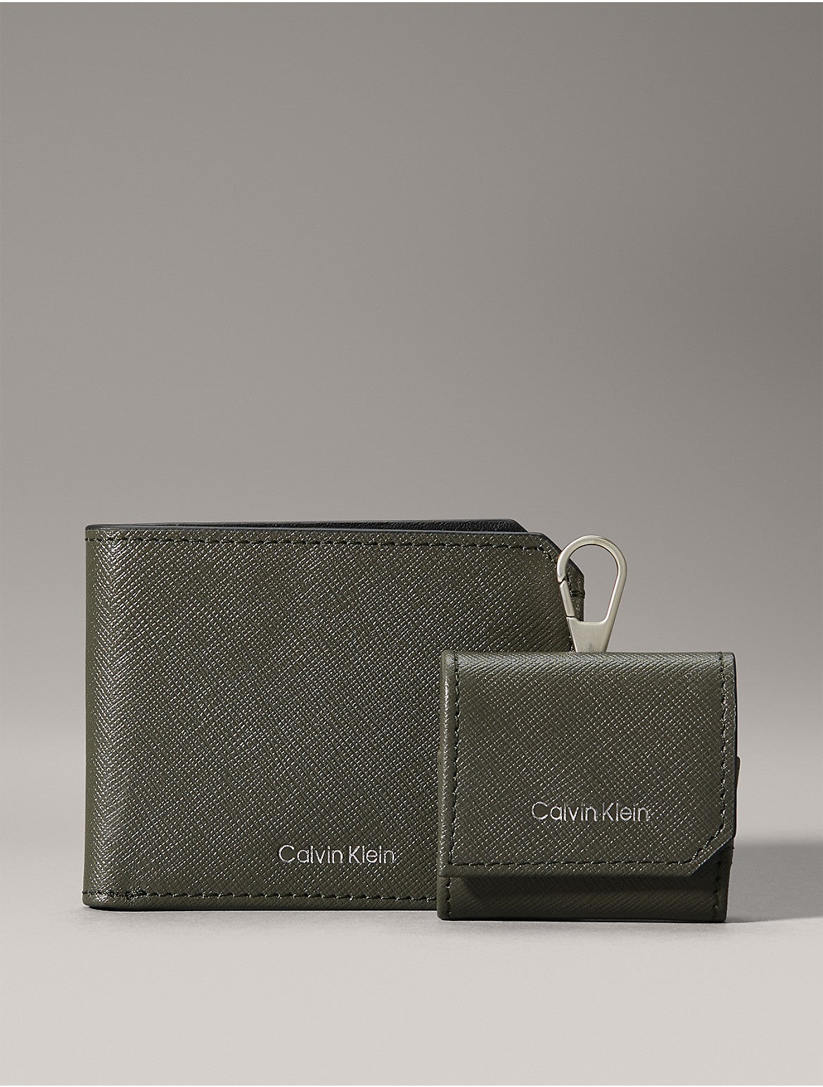 Calvin Klein Coffret cadeau portefeuille à deux volets en cuir Saffiano raffiné pour homme + étui pour Airpods - Vert