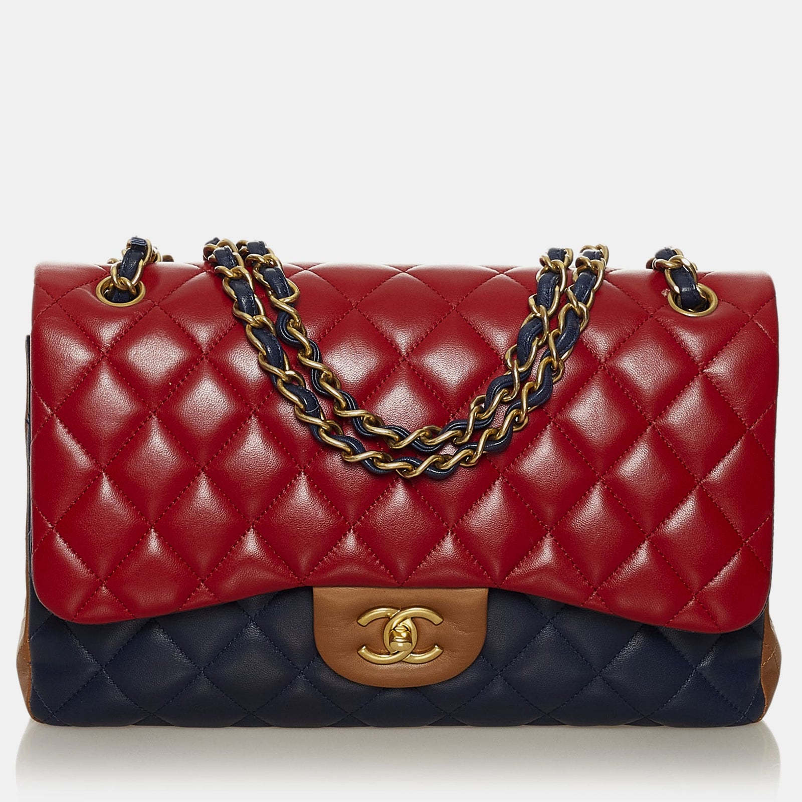 Chanel Sac à rabat double en cuir d'agneau tricolore Jumbo Classic