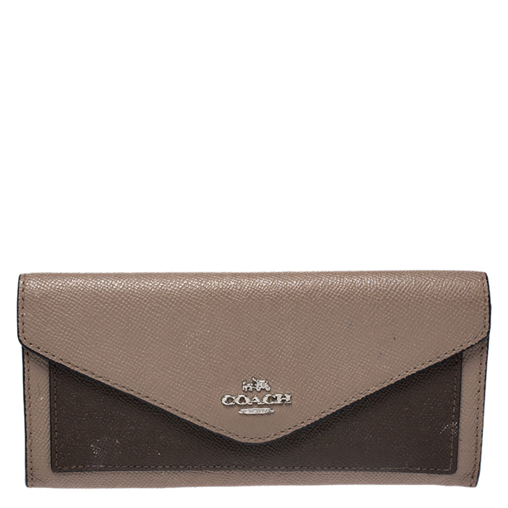 Coach Beige/Olive Green Leather Colorblock Continental Wallet