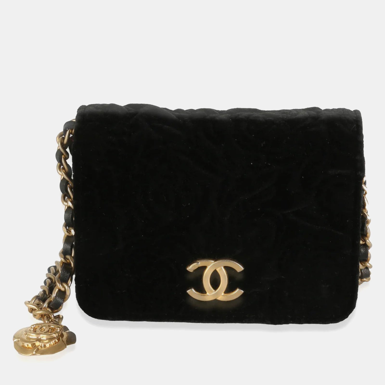 Chanel Schwarzes Samt-Mini-Portemonnaie mit Kamelie und Kette