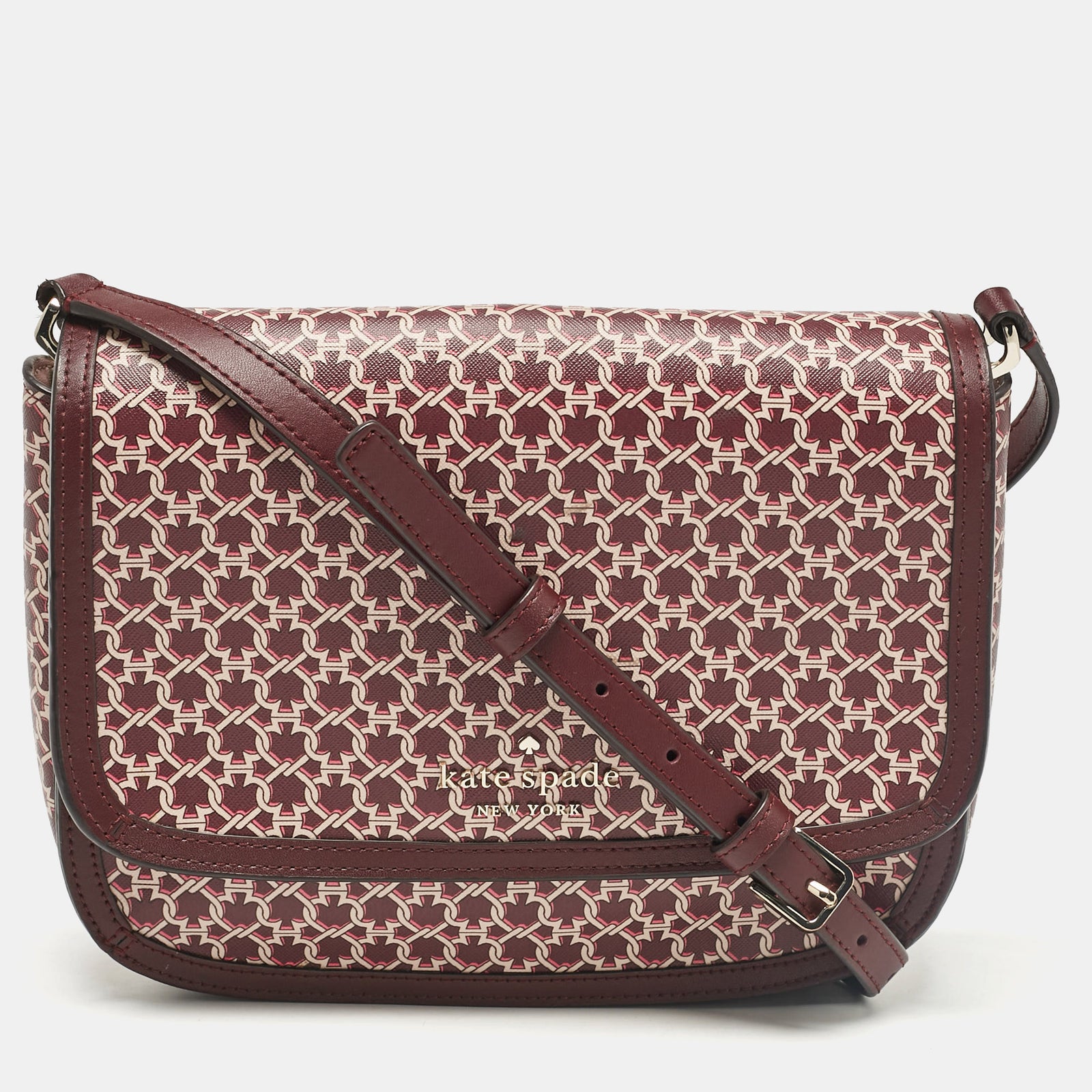 Kate Spade Burgundy Printed Coated Canvas Saddle Shoulder Bag