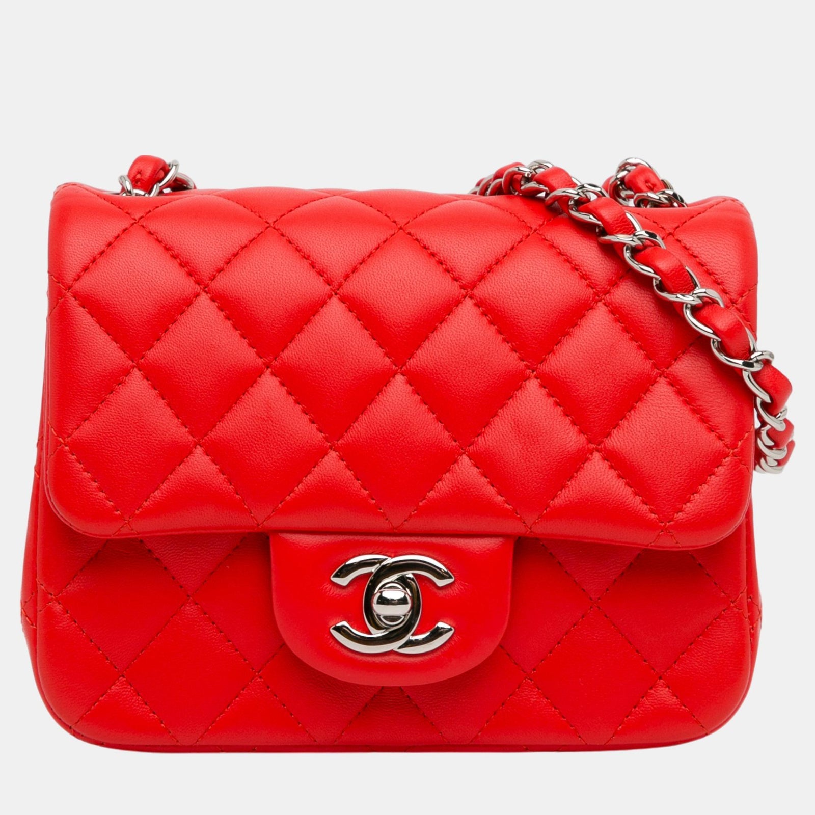 Chanel Portefeuille à rabat simple en cuir d'agneau rouge Mini Square Classic