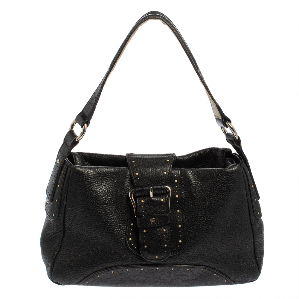 Aigner Black Grained Leather Shoulder Bag